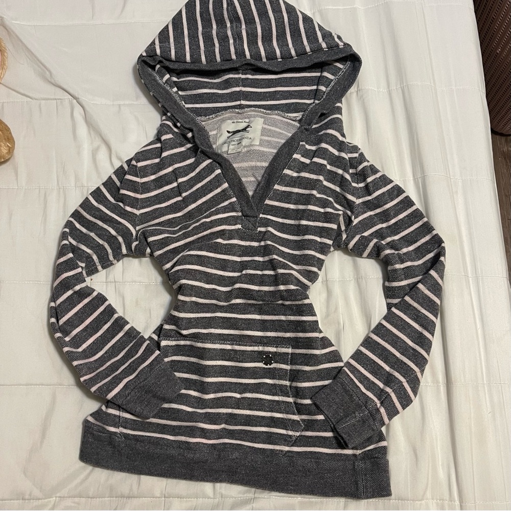 Obey Propaganda Striped Hooded Pullover Sweatshirt - Gray & Light Pink